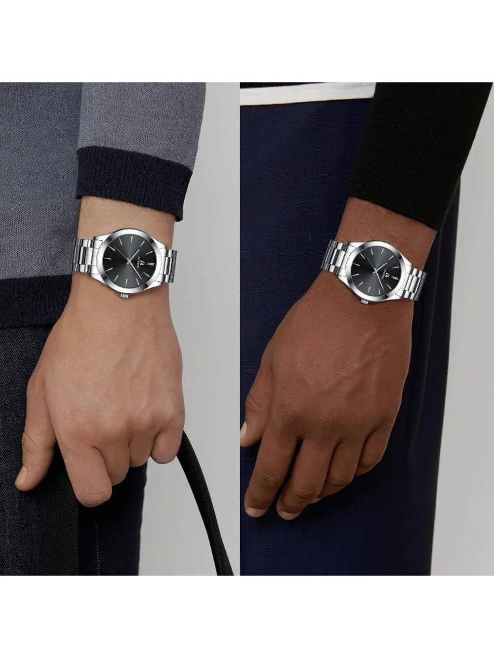 Men's Silver Black Classic Waterproof Stainless Steel Analog Quartz Luxury Watch